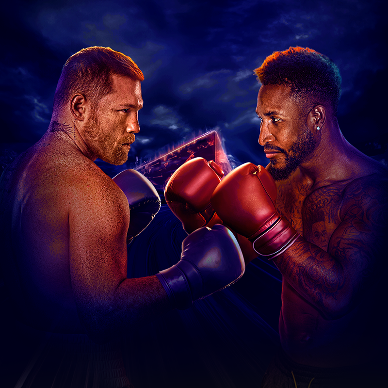 Canelo Alvarez facing off against William Scull wearing boxing gloves