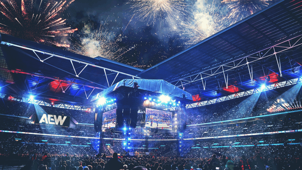 An AEW event takes place in a full stadium with large screens above the ring. Fireworks go off over the open roof