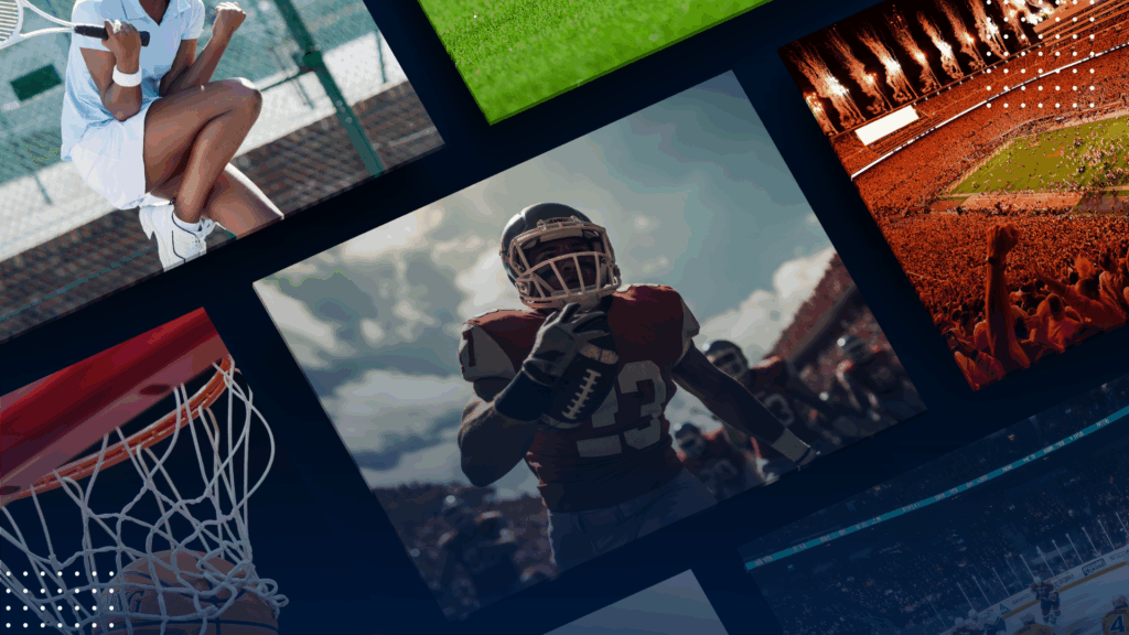 Multiple live sports shown on screens with football in the center, representing ESPN+ for Business sports content for bars and restaurants