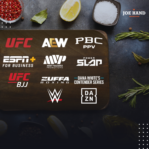 logos of Joe Hand Promotions content partners on top of a charcuterie board with food surround it