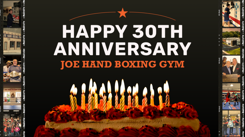 30th anniversary image for Joe Hand Boxing with a cake and candles on it